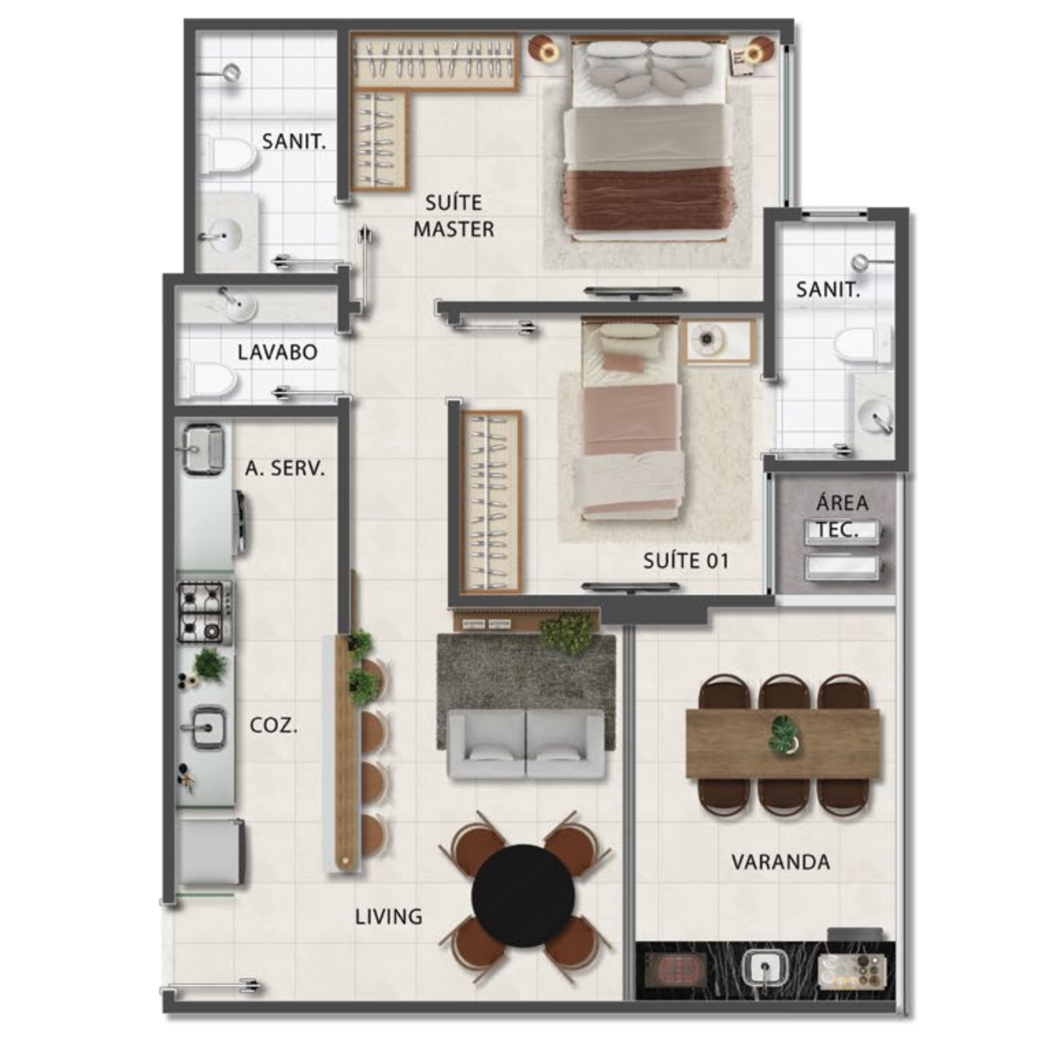 Planta — 2 suítes, 60,79 m²