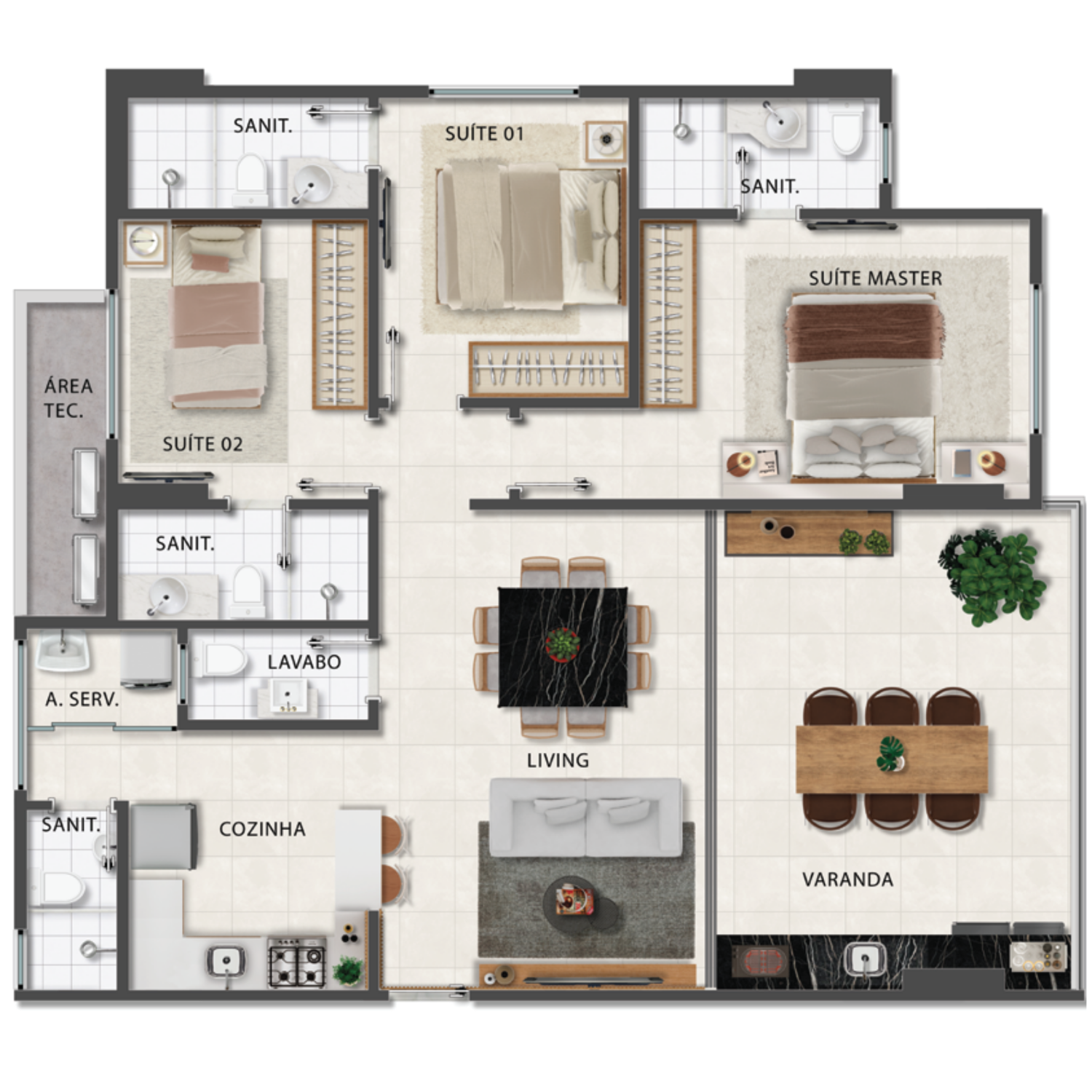 Planta — 3 suítes, 93,25 m²